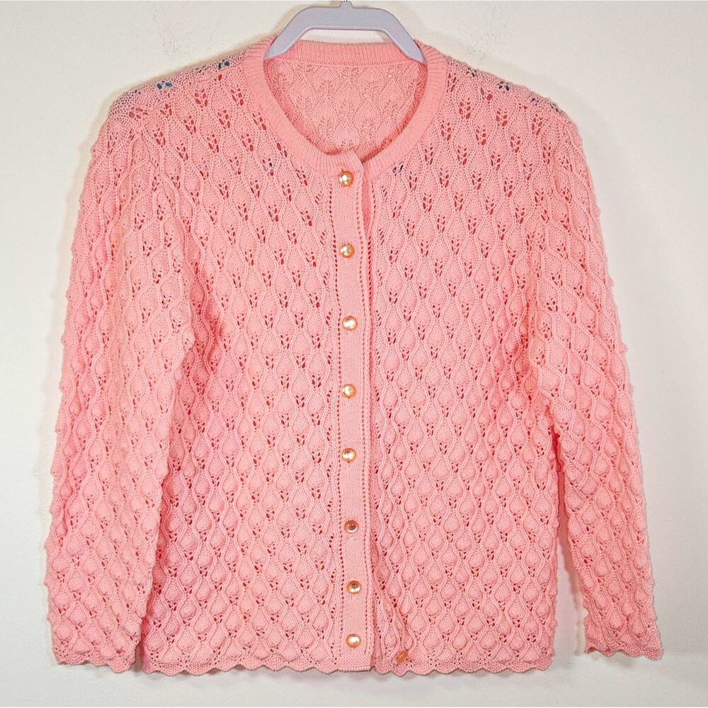 Handmade Pink Knit Button Front Round Neck Cardigan Sweater Womens M(?)